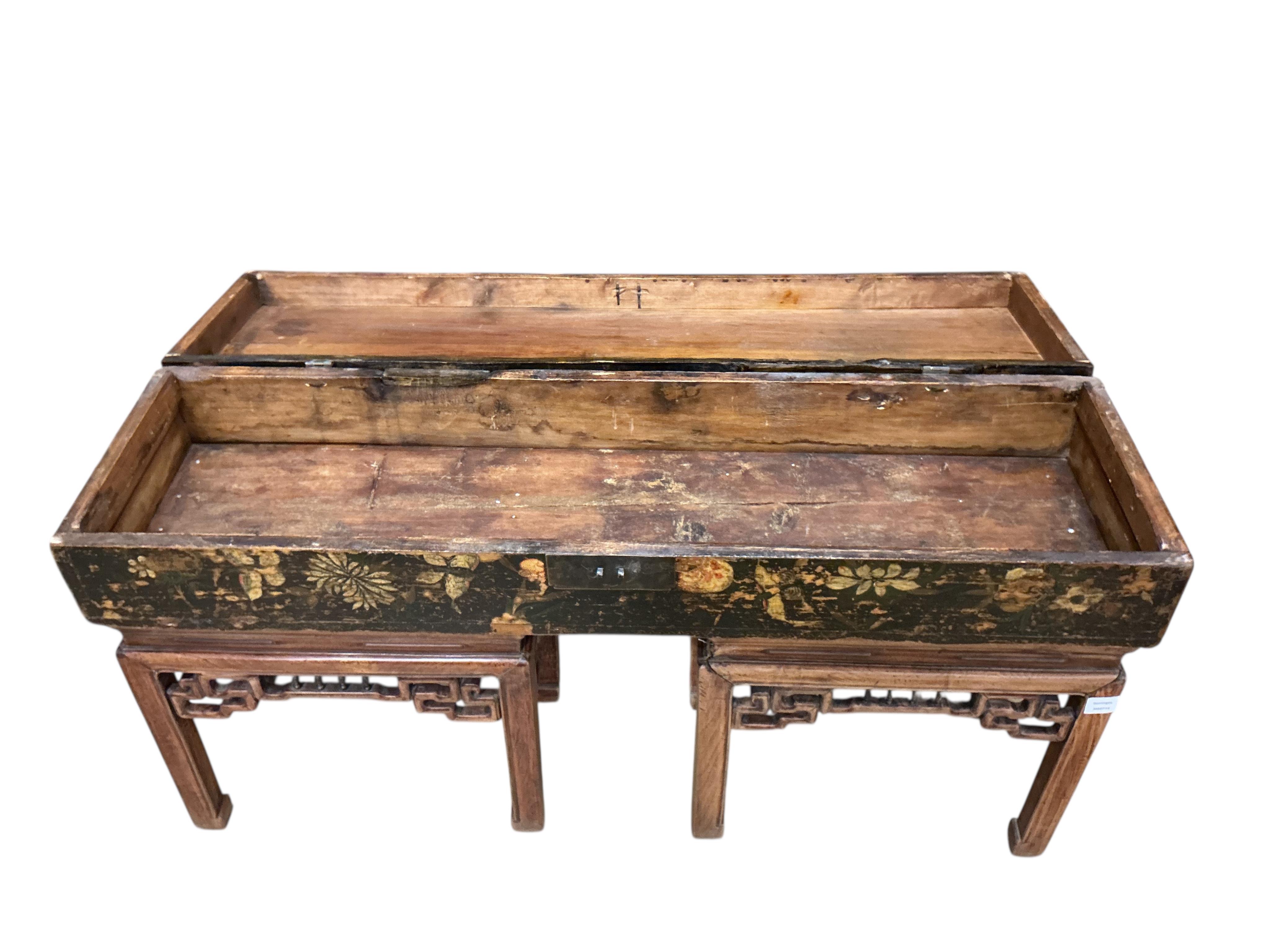 A Chinese painted box on associated rosewood stand, width 128cm, depth 35cm, height 72cm